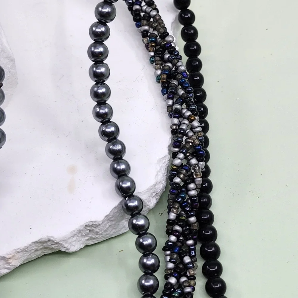 Multi Strand Black Seed Bead Necklace Gray Faux Pearl Boho Statement Layered